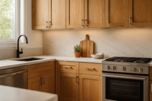 Modern kitchen with warm oak cabinets, marble countertop, brushed nickel hardware, and natural light highlighting wood grain.