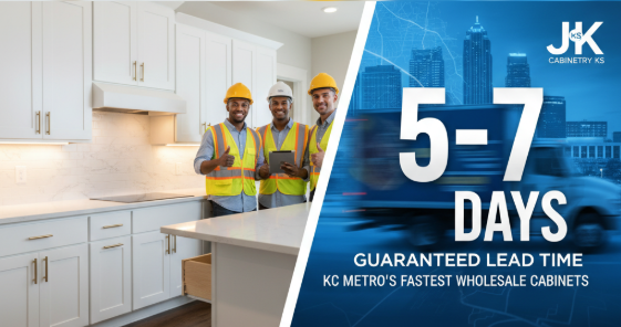 Three contractors in safety vests standing in front of white shaker cabinets with an overlay graphic showing "5-7 DAYS GUARANTEED LEAD TIME